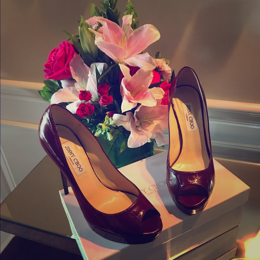 Jimmy Choo Eelskin Peep-Toe Red Pumps 120mm